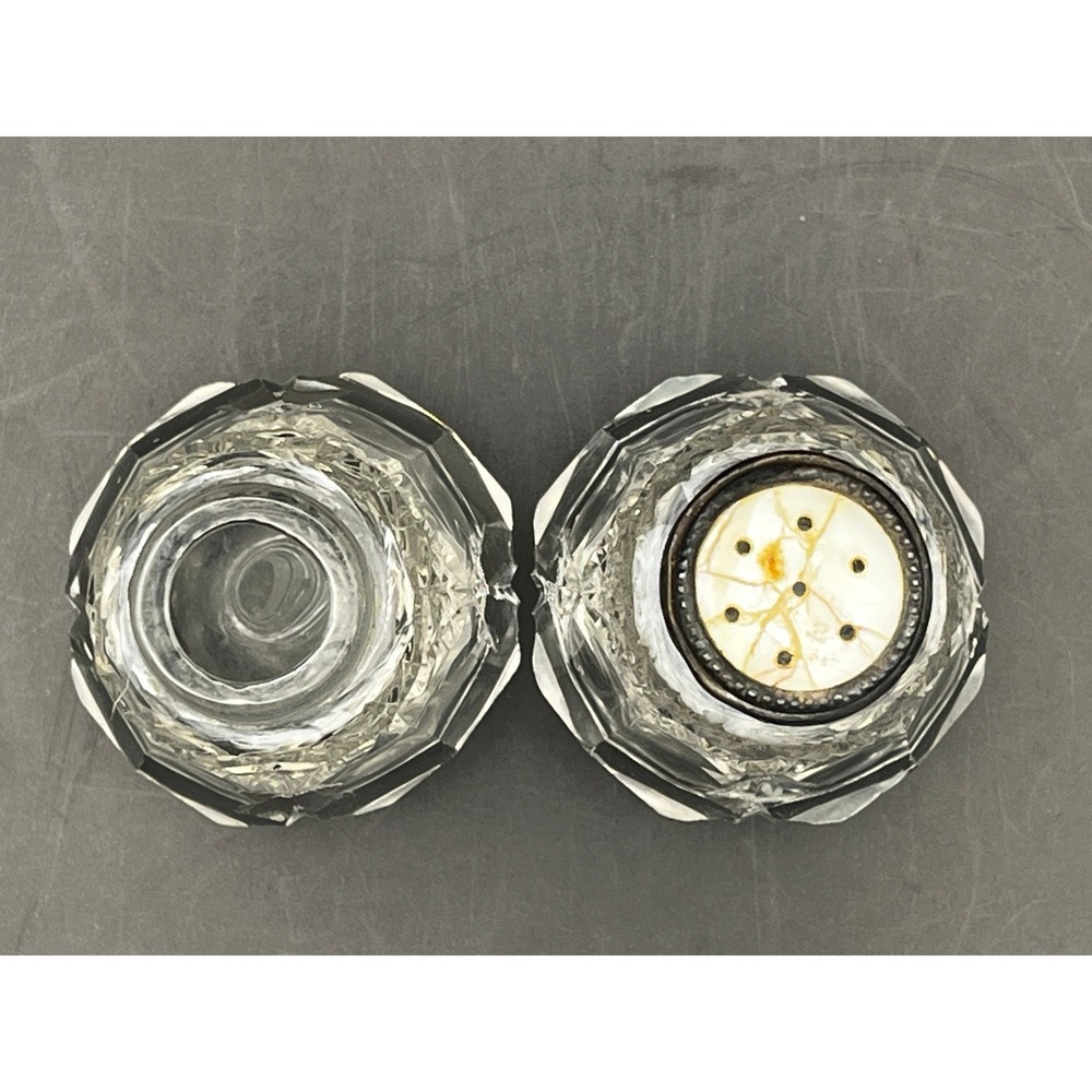 Vtg Heavy EAPG Salt & Pepper Shakers Metal top mother-of-pearl inlay (as is) - Picture 3 of 4